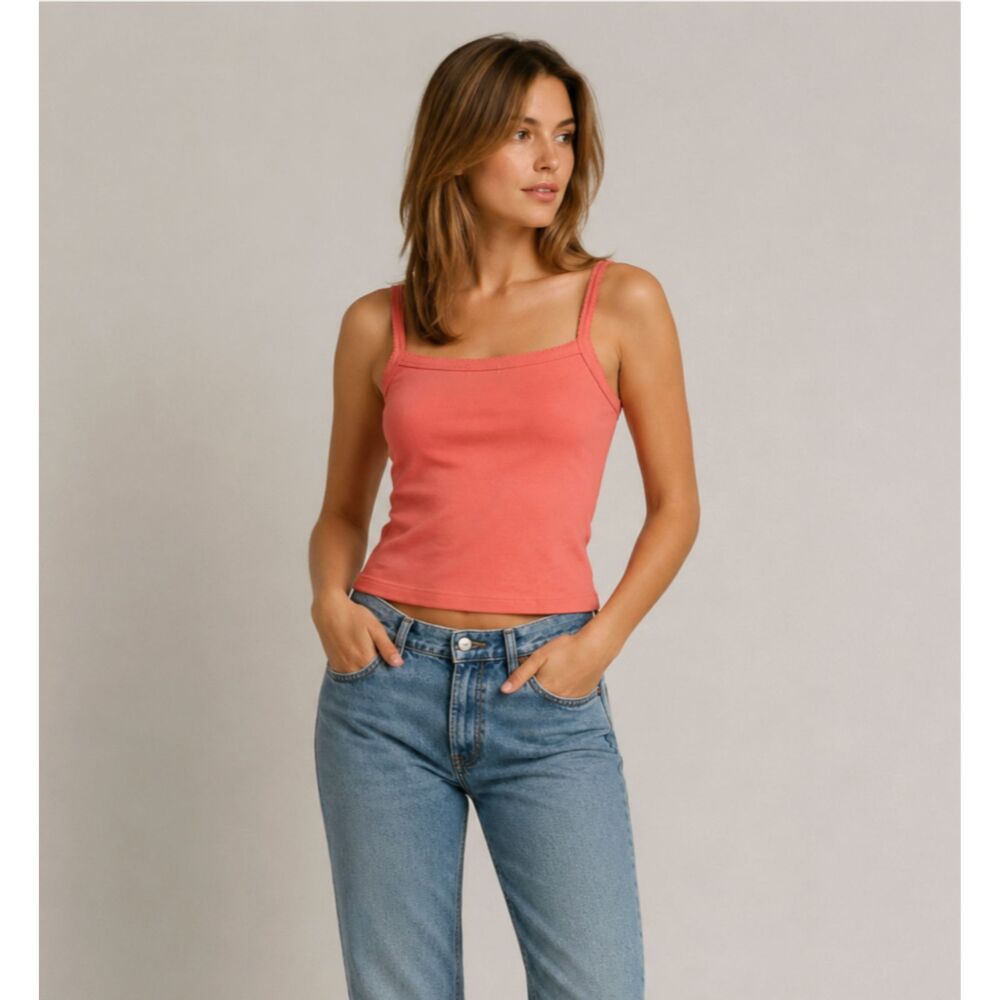 Vintage 90s Coral Tank Top Cotton Square Neck Paul Harris Y2K Sz XL